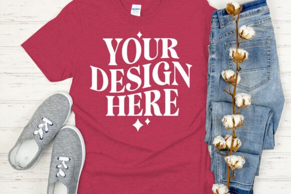 Gildan 64000 Mockup: Antique Cherry Red Graphics