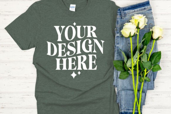 Gildan 64000 Mockup: Heather Forest Green Graphics