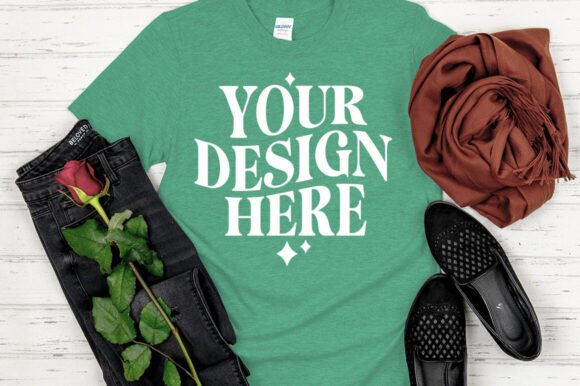 Gildan 64000 Mockup: Heather Seafoam Graphics